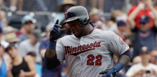 Minnesota Twins' Miguel Sano reacts as he rounds the bases after hitting a home run during the sixth inning of a baseball game against the San Diego Padres Wednesday, Aug. 2, 2017, in San Diego. (AP Photo/Gregory Bull) - Benoit